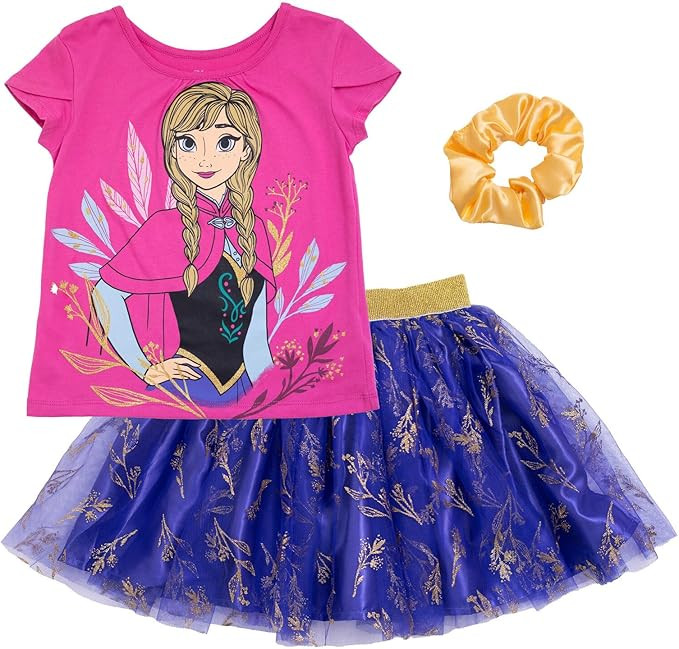 Disney Princess Moana Frozen Girls T-Shirt Tulle Mesh Skirt and Scrunchie 3 Piece Outfit Set Todd... | Amazon (US)