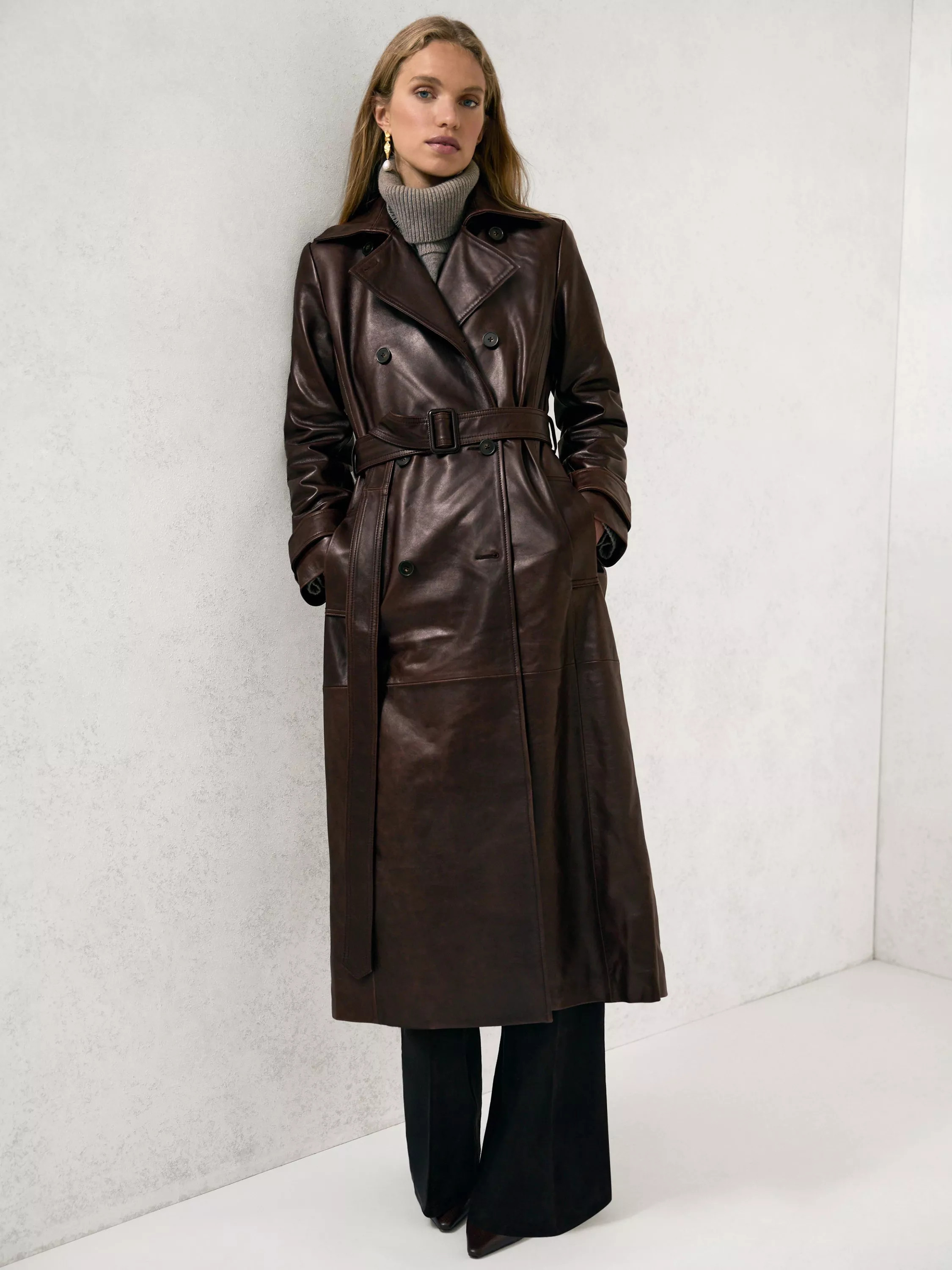 Reiss Hattie Pure Leather Trench Coat, Chocolate | John Lewis (UK)