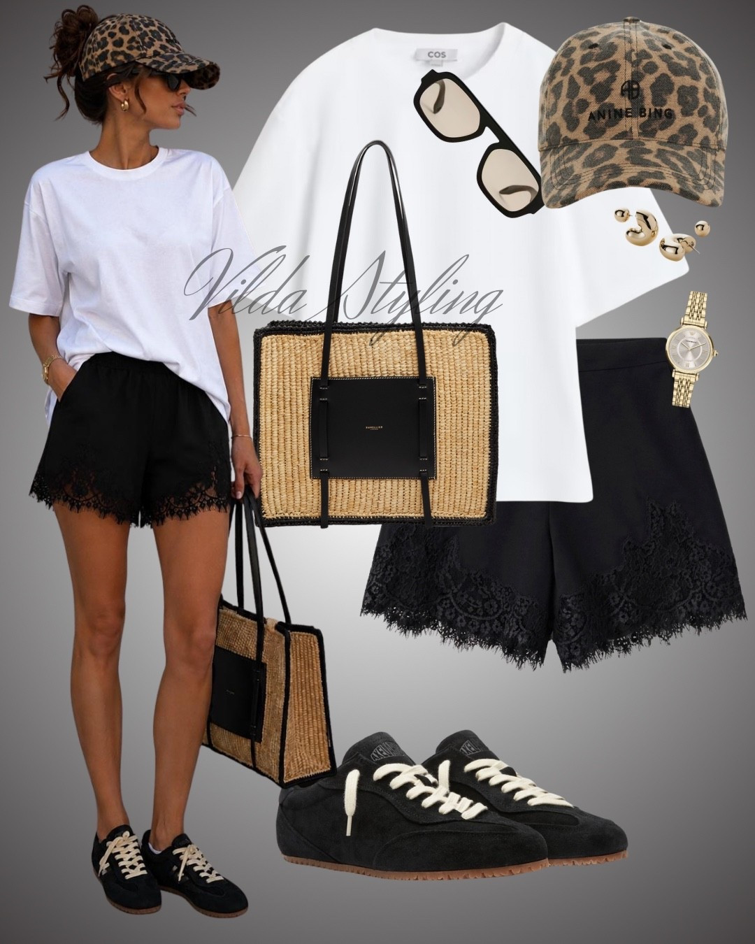 Effortless summer dressing starts with the basics. 🤍 A relaxed white tee, lace shorts, sneakers, and a woven tote—easy, chic, and ready for anything. 
@Axel Arigato #ad 

#LTKStyle #SummerOutfit