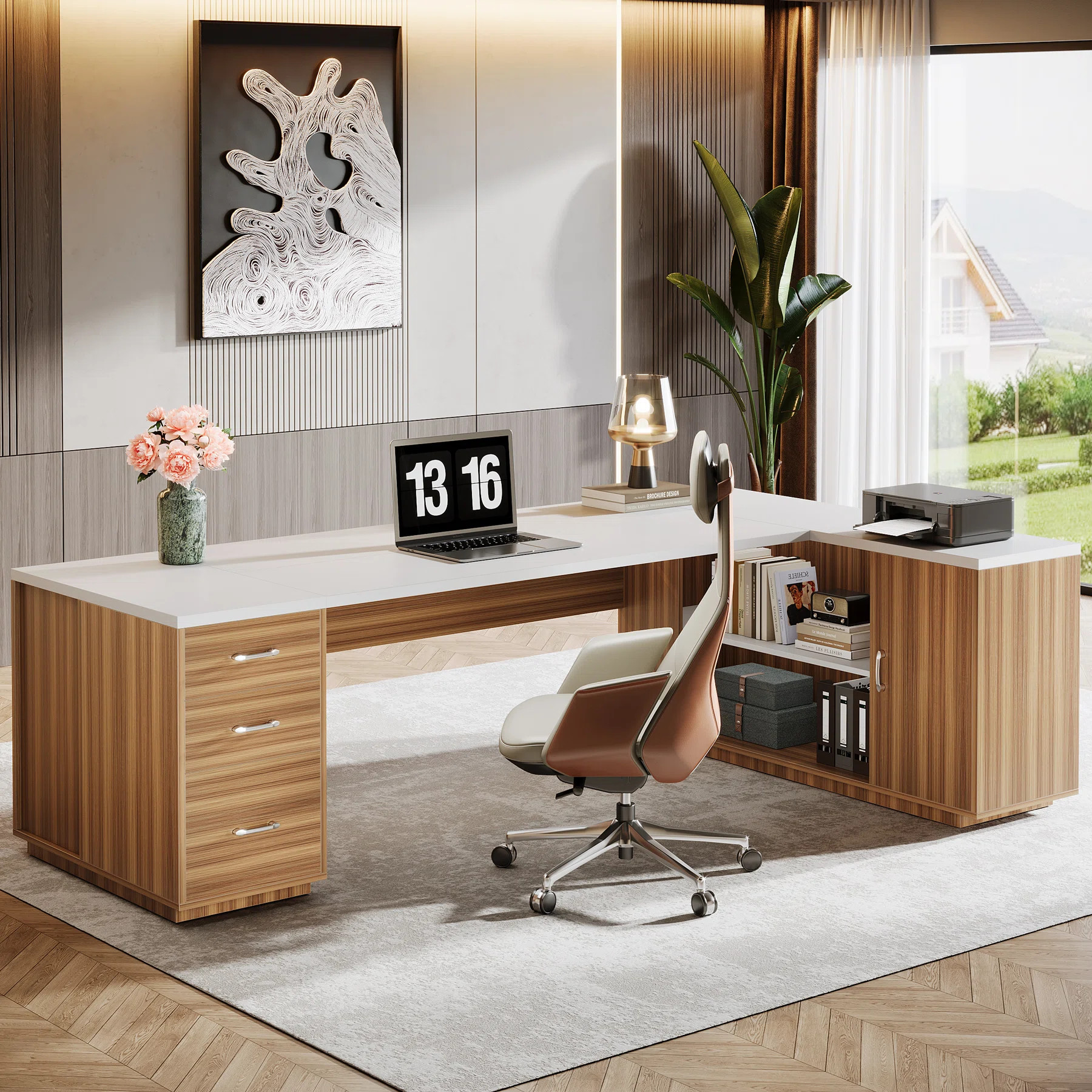 85.8" L-Shaped Executive Desk with File Cabinet | Wayfair North America
