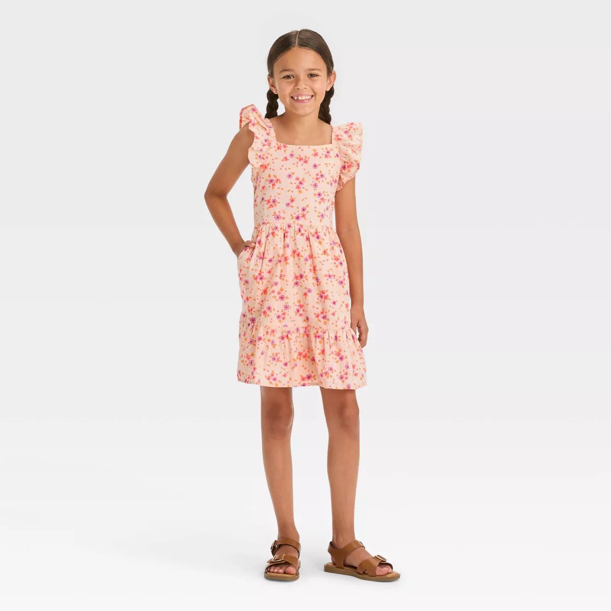 Girls' Flutter Sleeve Floral Woven Dress - Cat & Jack™ Peach Orange | Target