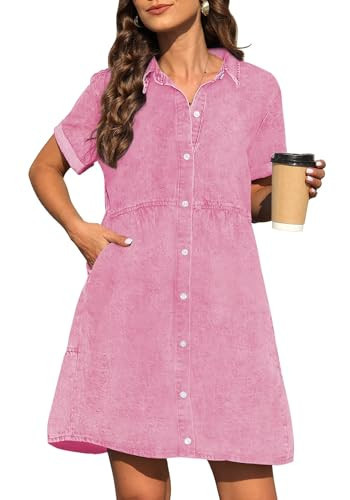 KDF Denim Dress for Women with Pockets Short Sleeve Babydoll Denim Shirt Dresses for Women 2025 Pink Size Medium | Amazon (US)