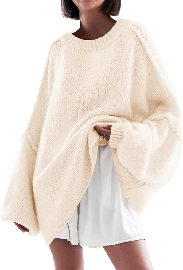 Saodimallsu Womens Oversized Sweater Chunky Crew Neck Long Lantern Sleeve Knit Fall Trendy Tunic ... | Amazon (US)