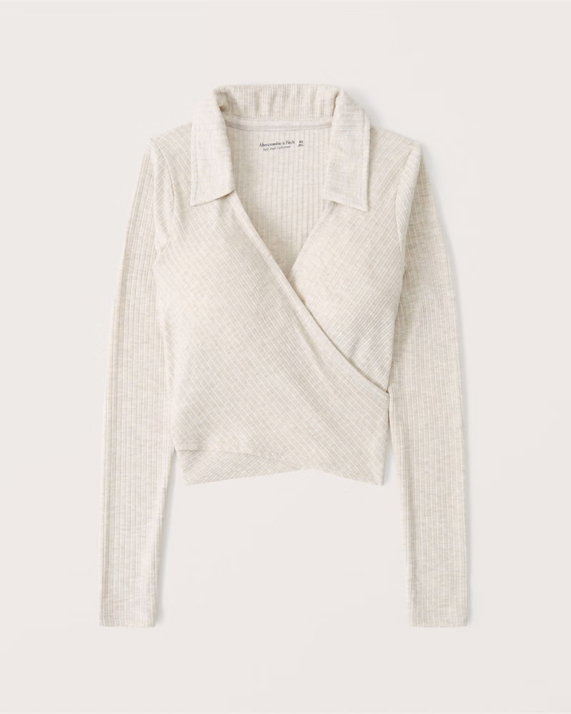 Long-Sleeve Ribbed Polo Wrap Top | Abercrombie & Fitch (US)