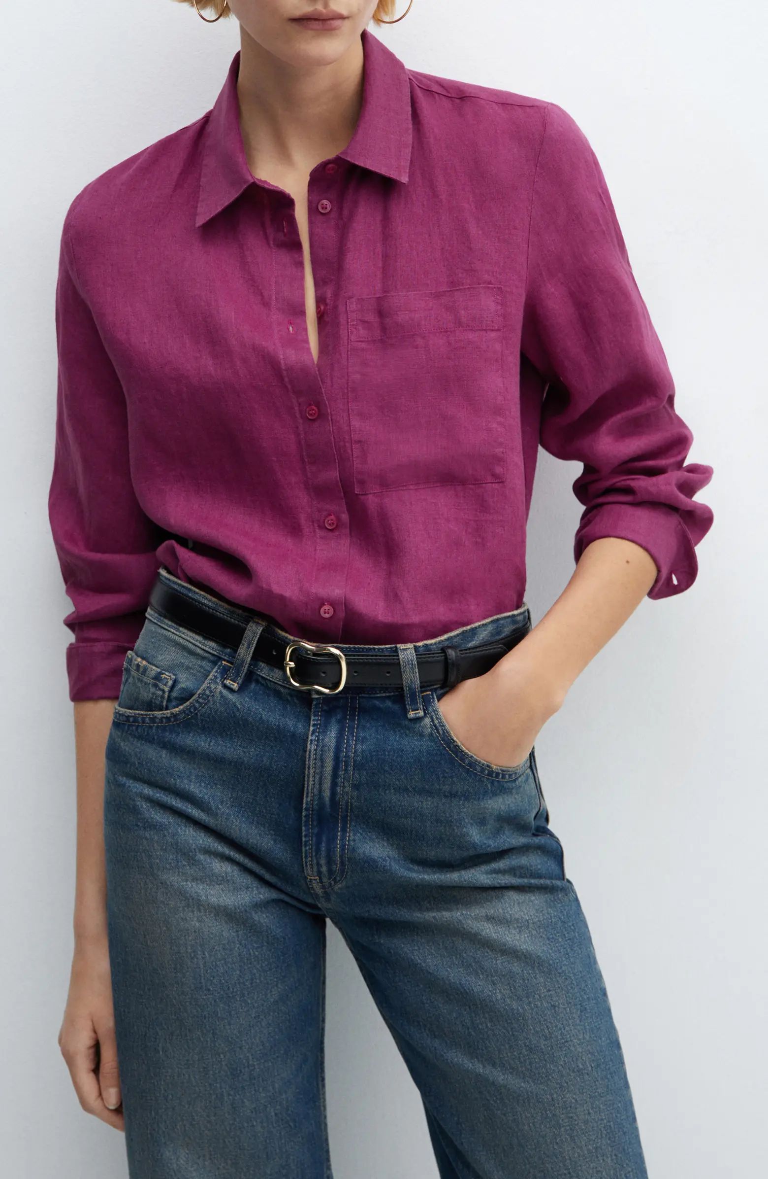 MANGO Lino Linen Button-Up Shirt | Nordstrom | Nordstrom