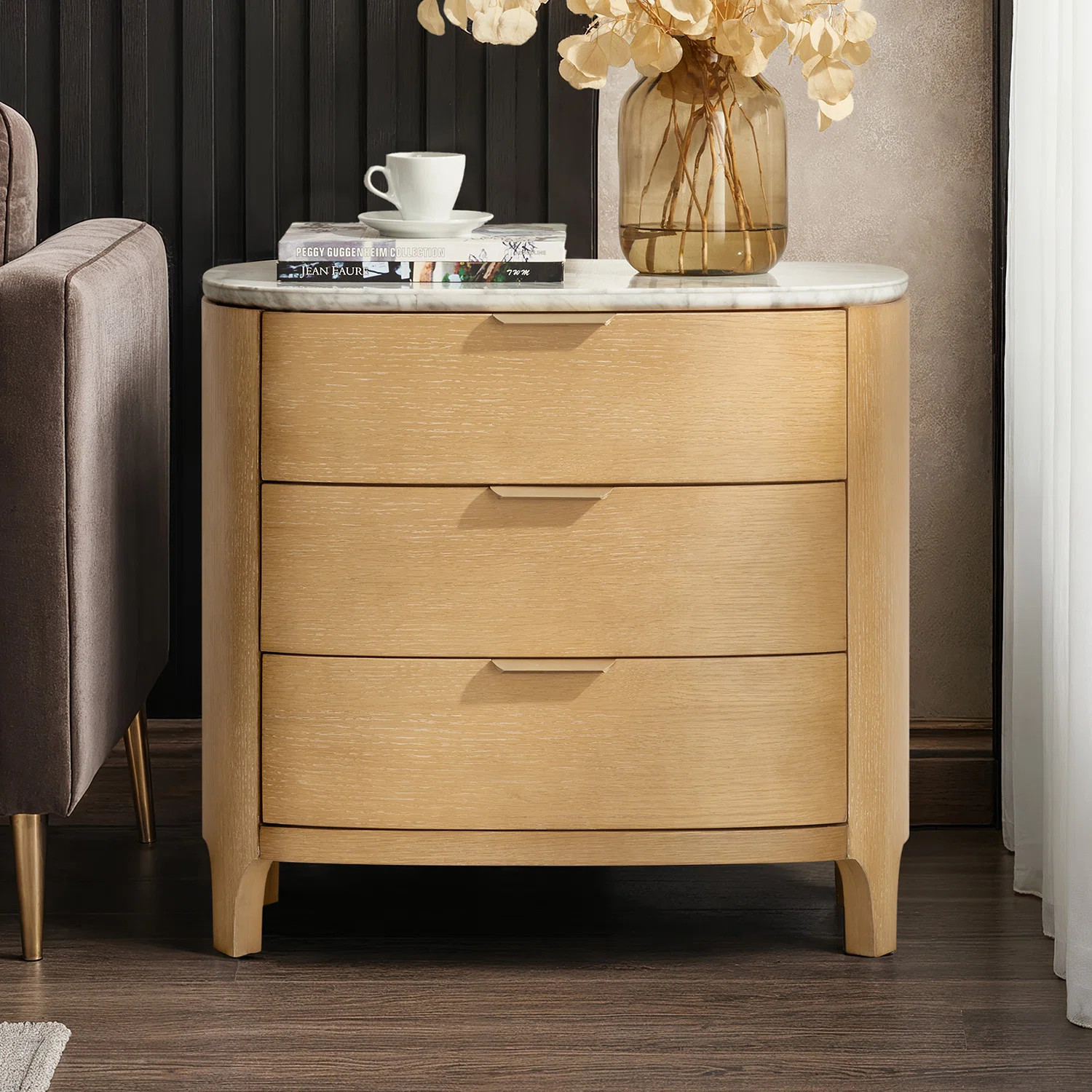 Burdine Giselle Modern 28" W 3 Drawer Solid Wood Nightstand with Marble Top and Oak Veneer | Wayfair North America