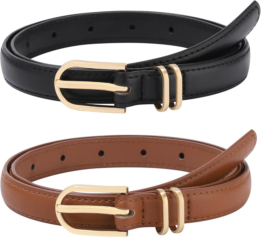 AWAYTR Kids Leather Belts for Girls - 2 Pack Toddler Girls Skinny Leather Belts for Jeans with Go... | Amazon (US)