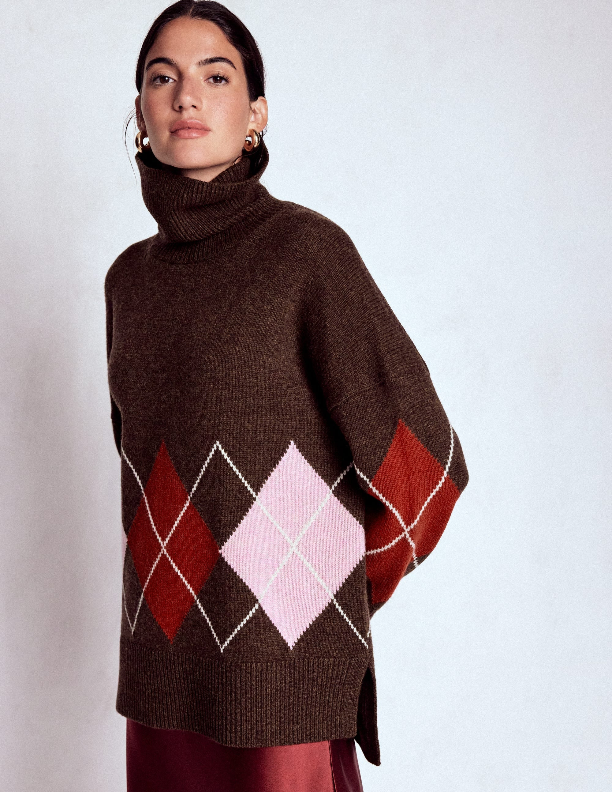 Polly Merino Roll Neck Sweater-Brown, Pink Argyle | Boden (US)