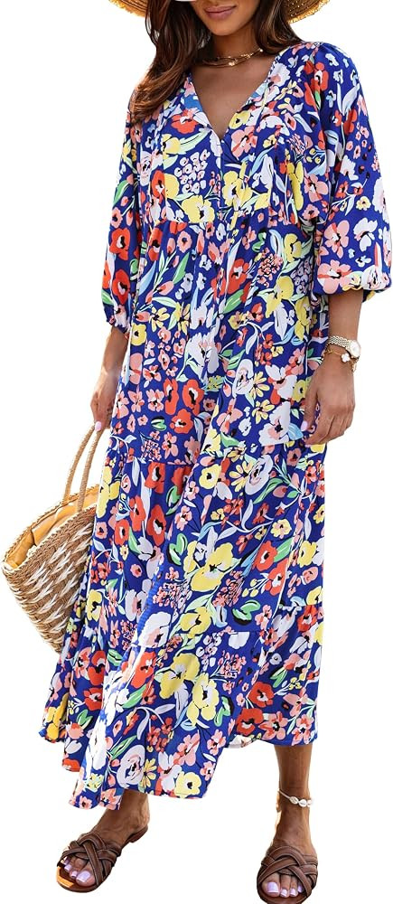 miduo Womens Loose Fit Casual Summer V Neck Half Sleeve Bohemian Geometric Pattern Maxi Long Dres... | Amazon (US)