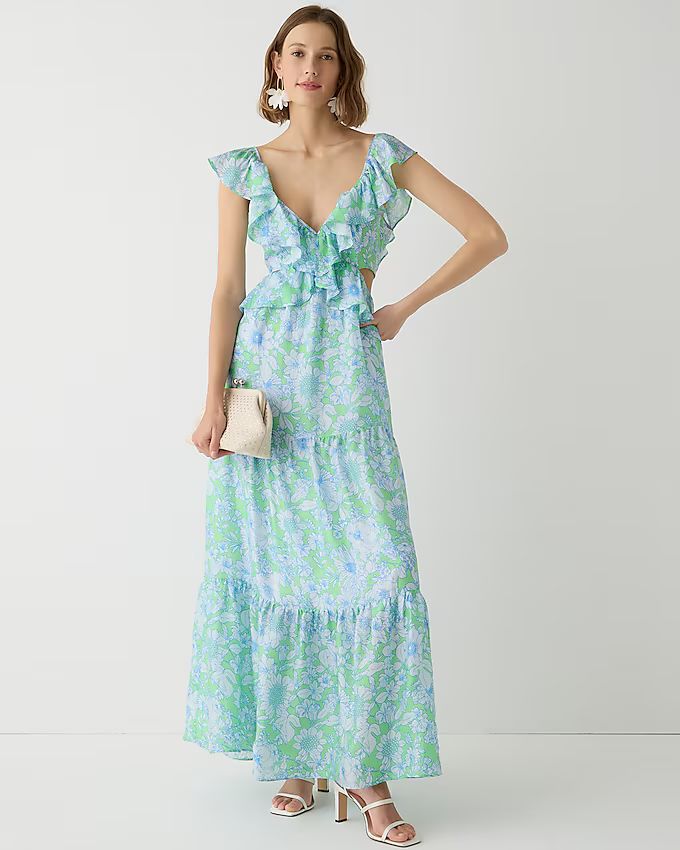 Collection ruffle-trim cutout maxi dress in lime floral | J.Crew US