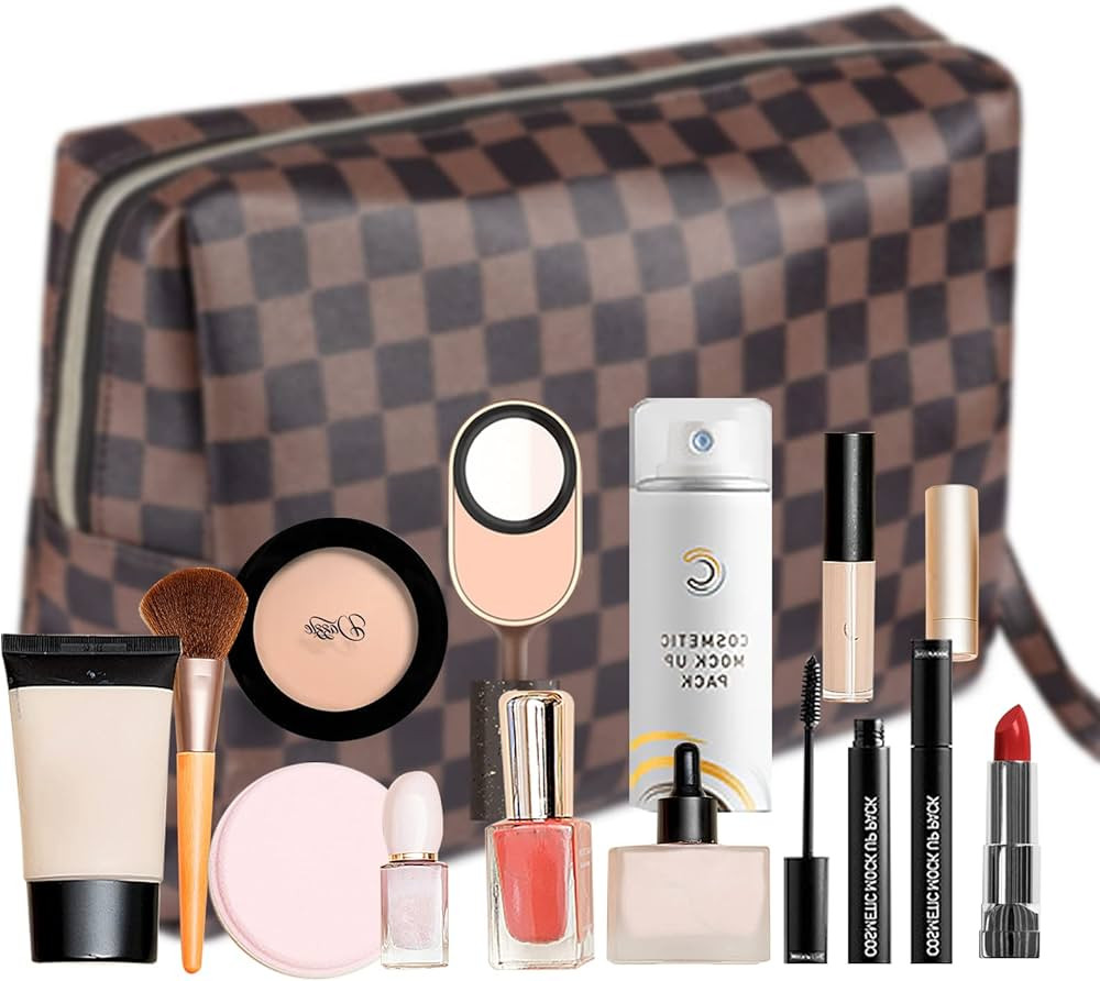IOELOVEO Checkered Makeup Bag, Cosmetic Bags for Women Toiletry Travel Organizer Portable Make Up... | Amazon (US)