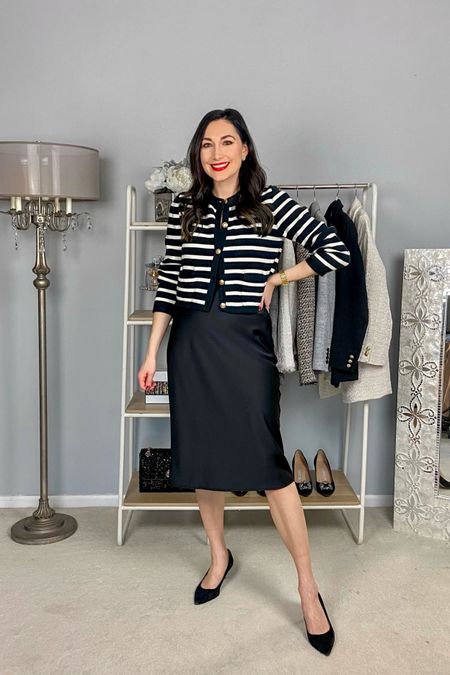 Classy work outfit 🖤🤍

Black and white striped cardigan size small, TTS
Black slip skirt size xs, can size down if between sizes 
Black heels (linked similar)

Work wear 
Office outfit 

#LTKstyletip #LTKsalealert #LTKworkwear
