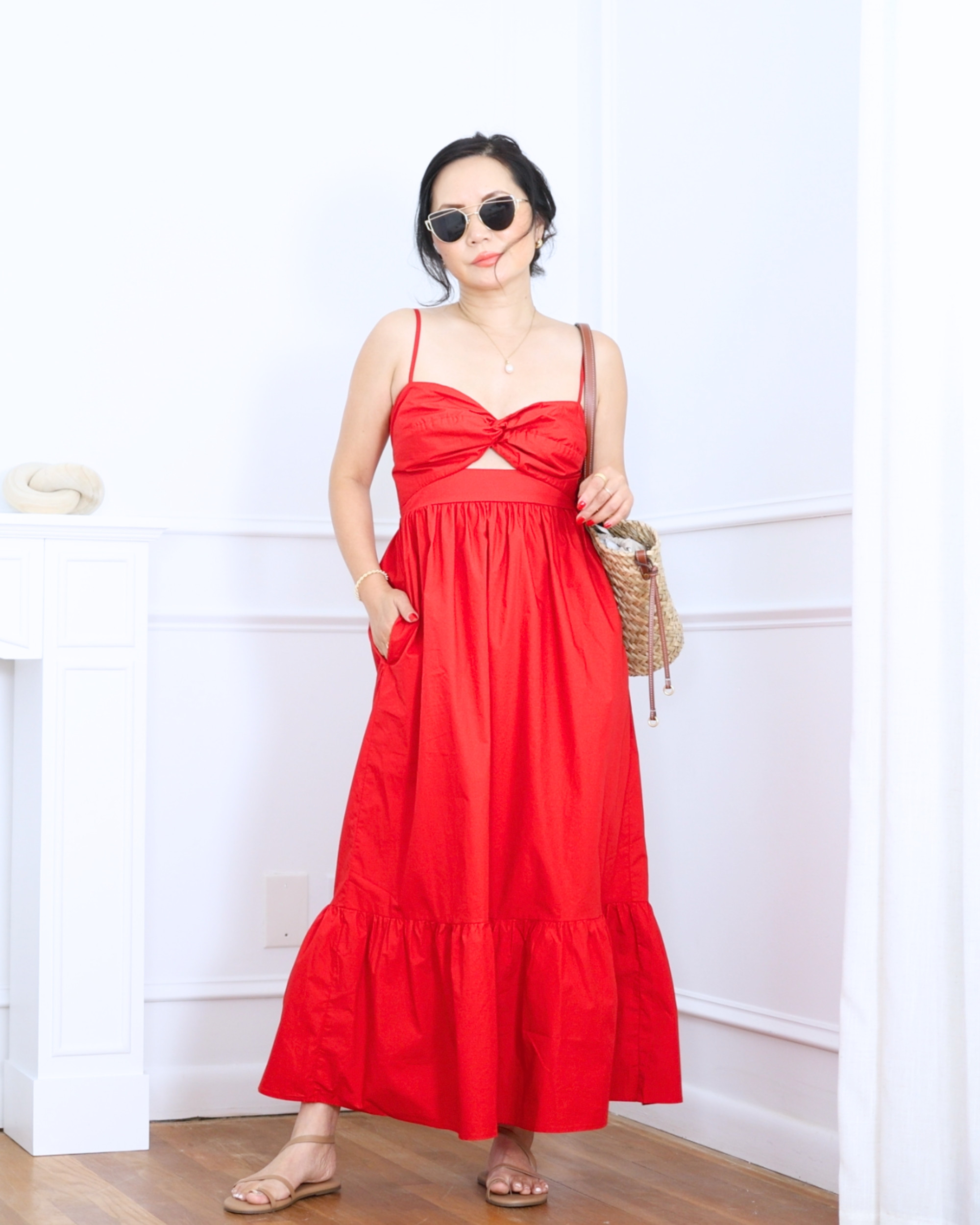 Red maxi dress from LOFT paired with a straw bag and sandals from Nordstrom — bold, breezy, and effortlessly beautiful. The perfect outfit for sunny days, weekend getaways, or anywhere you want to feel a little extra special. I'm 5'2, wearing size S. 

 #LTKootd #LTKOver40 #LTKPetite