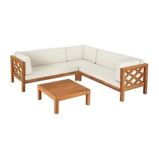 Hampton Bay Willow Glen Farmhouse  Wood Outdoor Patio Sectional Sofa with Teak Finish, Beige Cush... | The Home Depot