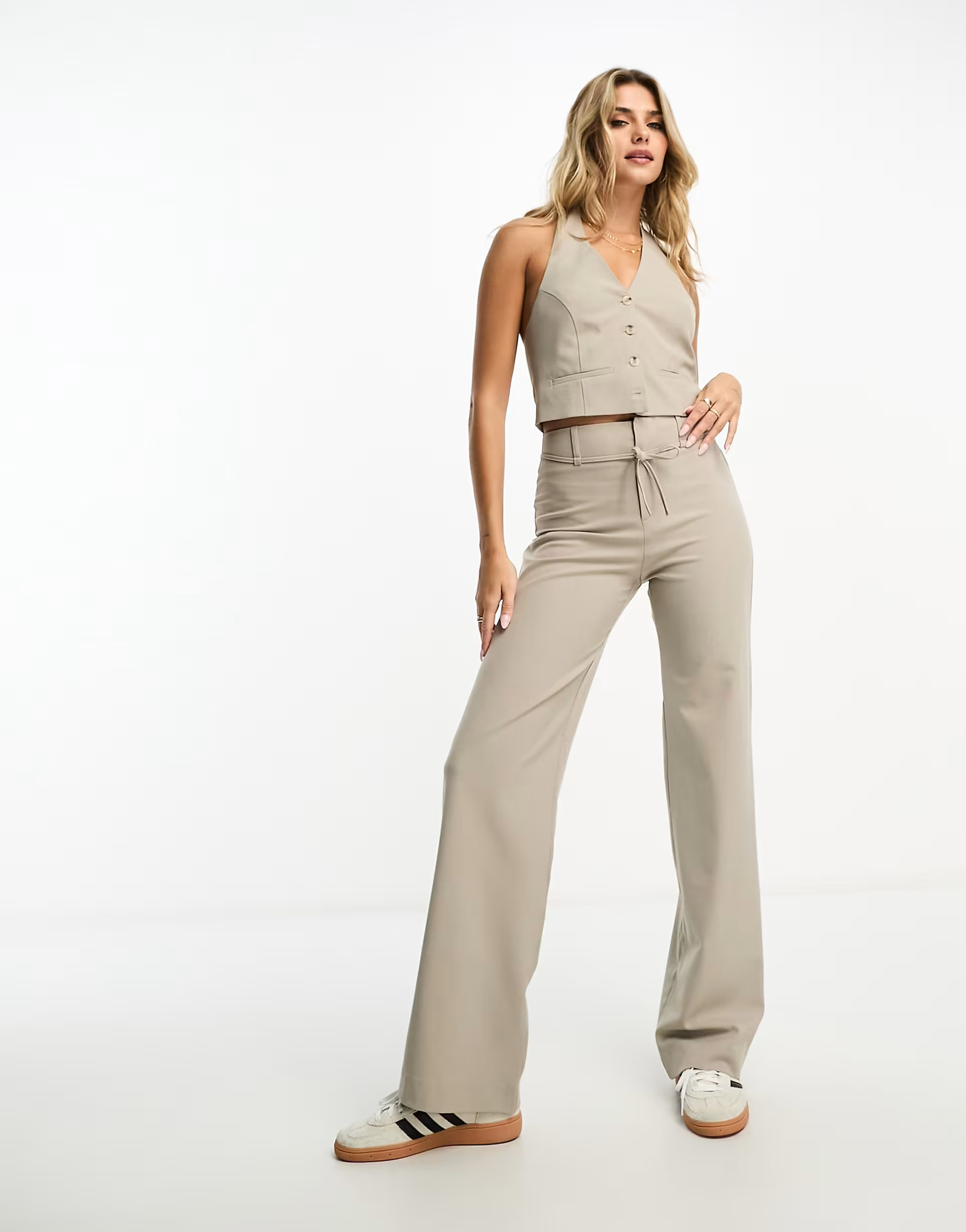 Pull&Bear tailored pants with tie waist detail in stone - part of a set | ASOS (Global)