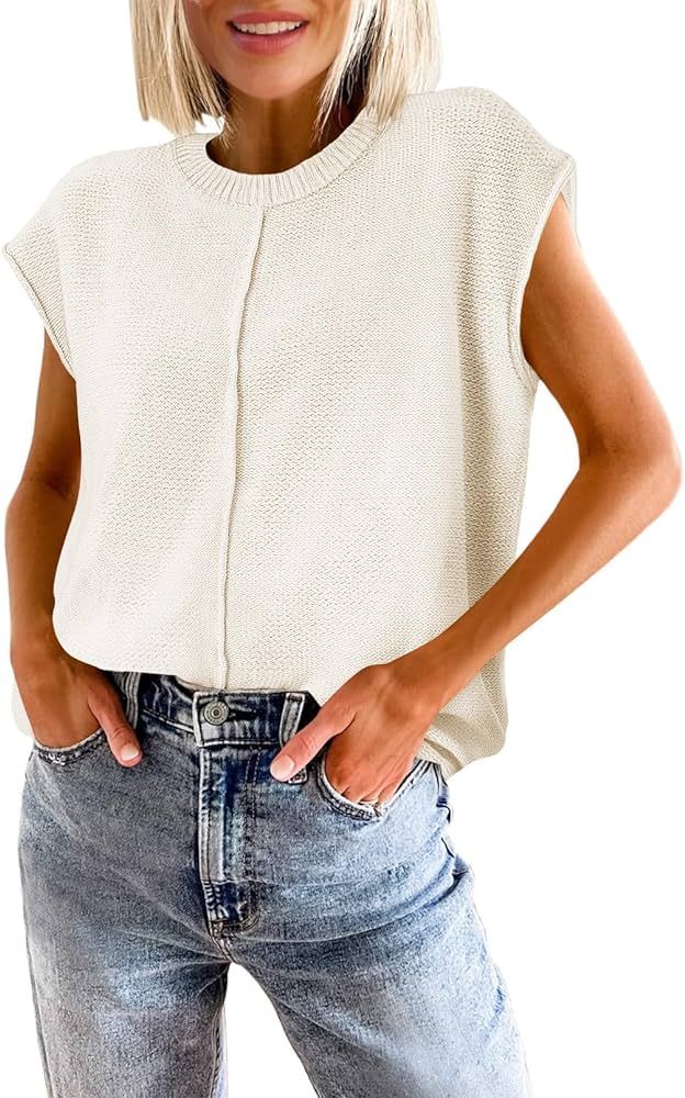 MEROKEETY Women's Cap Sleeve Sweater Vest Summer Casual Crewneck Lightweight Knit Pullover Tank T... | Amazon (US)