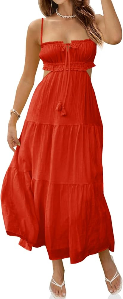 Fisoew Women's Spaghetti Strap Maxi Dress Summer Sleeveless Side Cut Out Dress Casual Boho Backle... | Amazon (US)