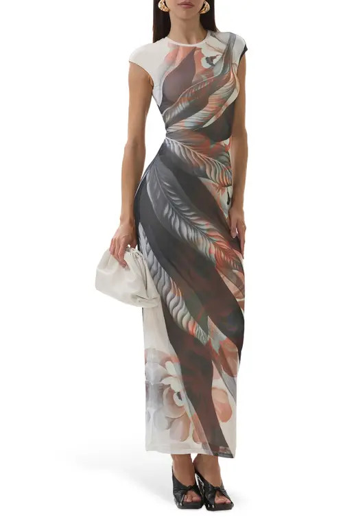 AFRM Cody Print Mesh Dress in Noir Leaf Lotus at Nordstrom, Size Large | Nordstrom