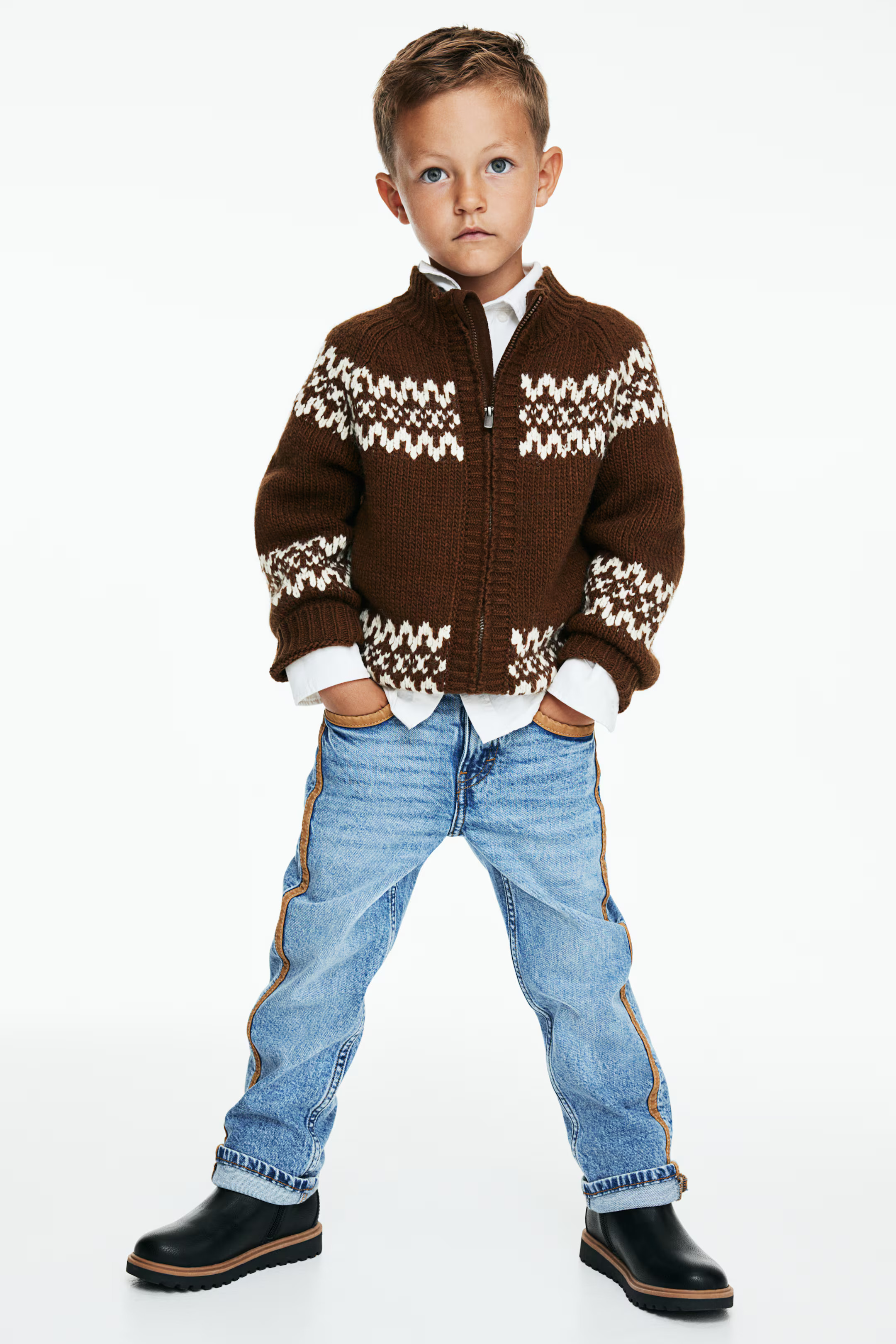 Jacquard-Knit Cardigan with Zipper - Brown - Kids | H&M US | H&M (US + CA)
