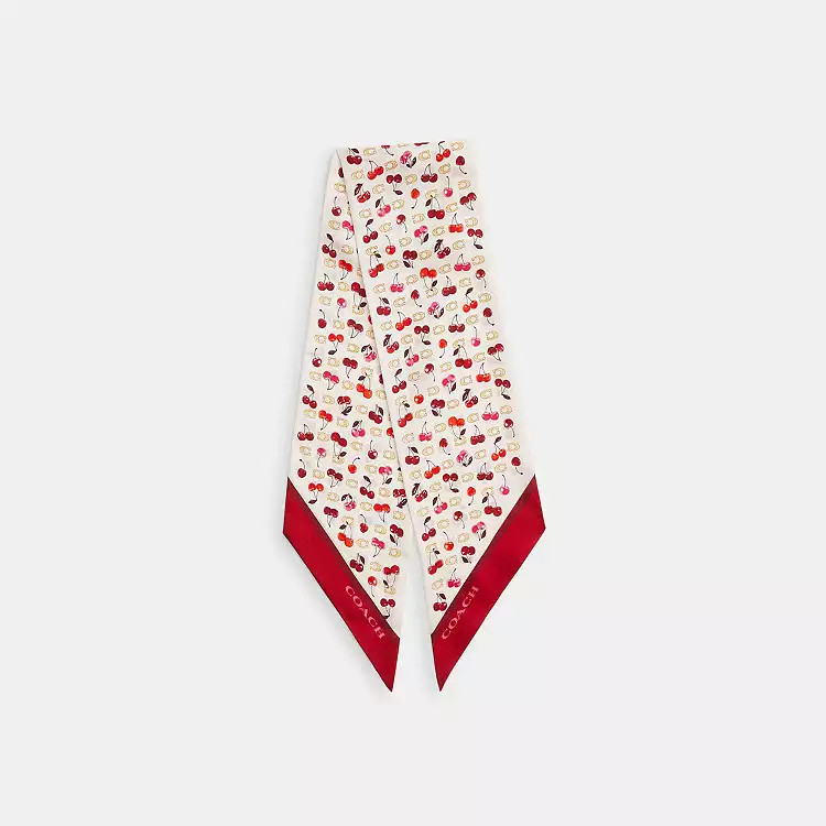 Sculpted C Cherries Print Silk Wide Skinny Scarf | Coach Outlet US