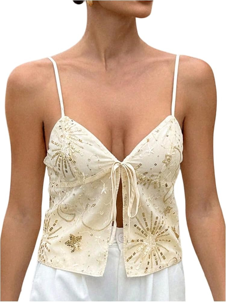 Verdusa Women's Floral Sequin Sparkly Tops Deep V Neck Slit Camisole Tops Summer Brunch Outfits | Amazon (US)