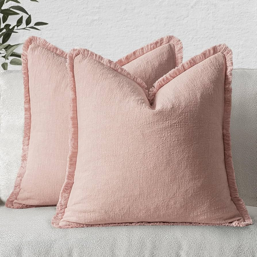 MIULEE Valentines Decorative Throw Pillow Covers Neutral Linen Fringe Throw Pillows Set of 2 Pink... | Amazon (US)