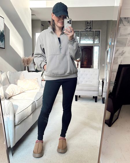 Casual winter outfit  with amazon fleece lined leggings, black tank top and brown pullover sweatshirt and ugg look a like slippers

#LTKfindsunder50 #LTKSeasonal #LTKover40