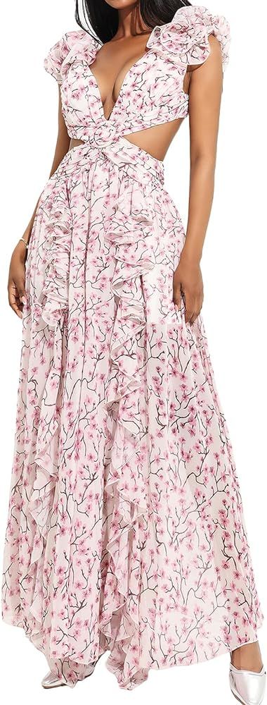 Jardinvue Women V Neck Dress Sleeveless Dress Backless Maxi Dress for Women Cutout Floral Dress R... | Amazon (US)