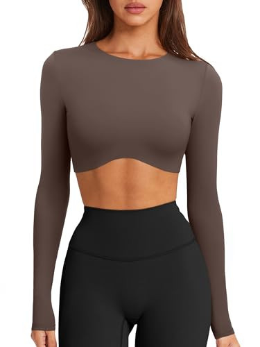 LASLULU Womens Long Sleeve Workout Tops Sexy Cropped Yoga Exercise Tops Spring Fall Fashion Clothes Outfits 2025 Going Out T Shirts(Coffee X-Large) | Amazon (US)
