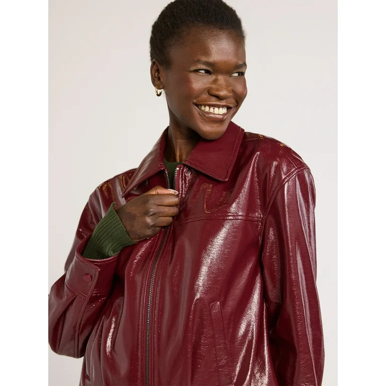 Scoop Women’s Crinkle Faux Patent Leather Cropped Bomber Jacket, Sizes XS-XXL | Walmart (US)