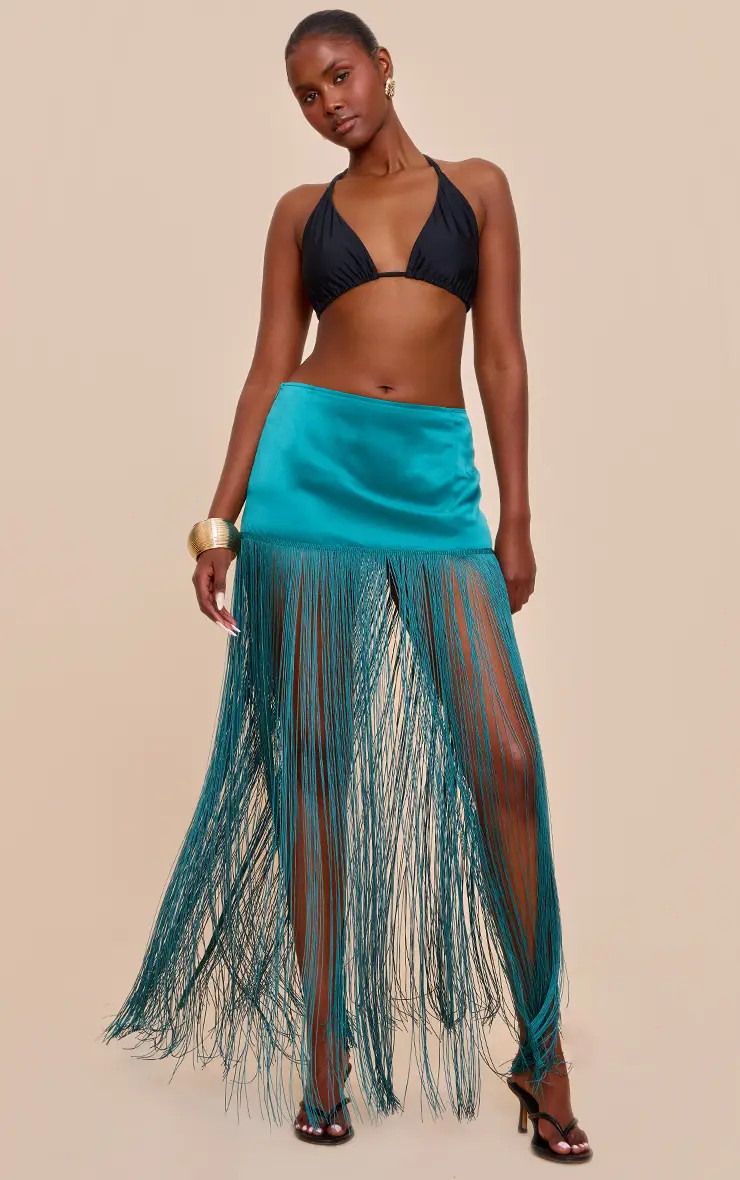 Teal Satin Extreme Tassel Trim Mini Skirt | PrettyLittleThing USA | PrettyLittleThing US