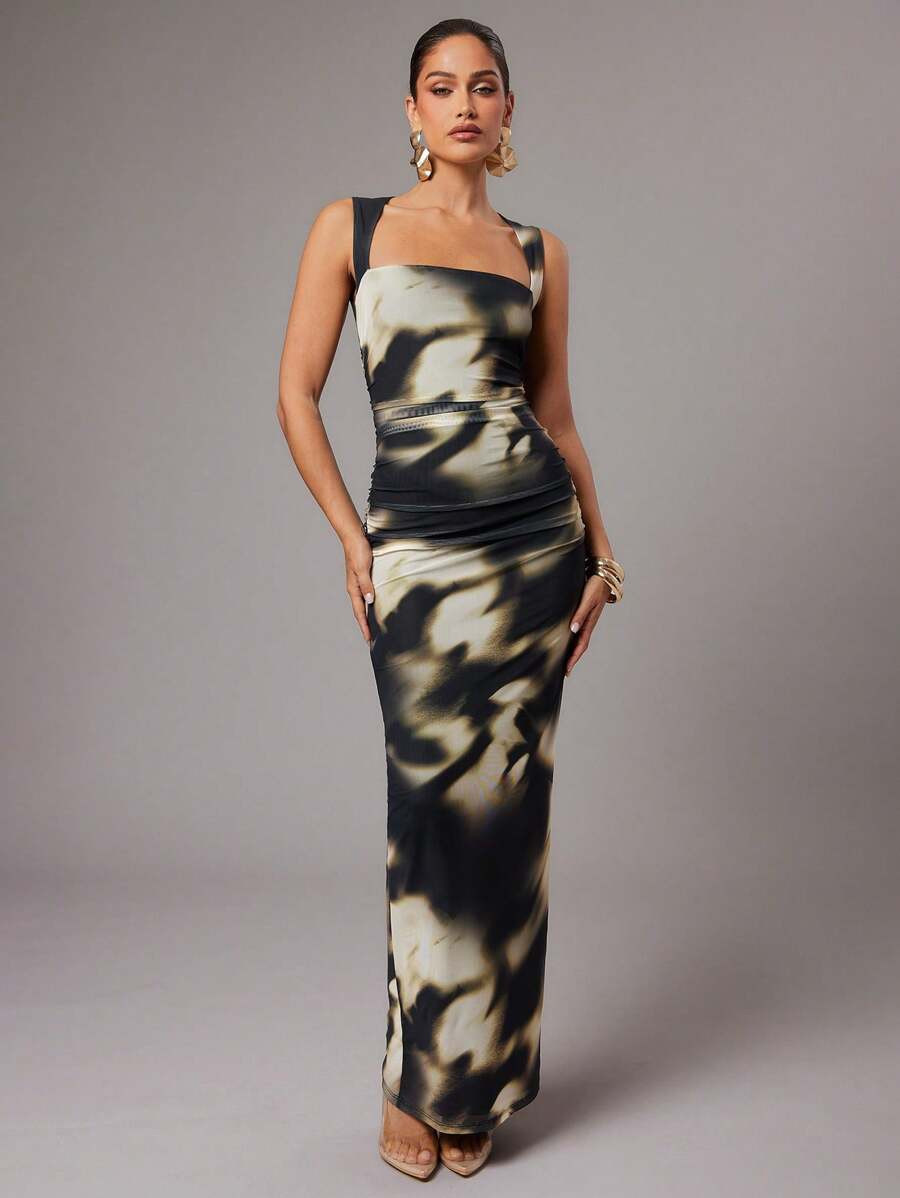 Silquee Women's Tie-Dye Swan Collar Pleated Wide Shoulder Strap Sleeveless Slim Fit Maxi Dress Of... | SHEIN