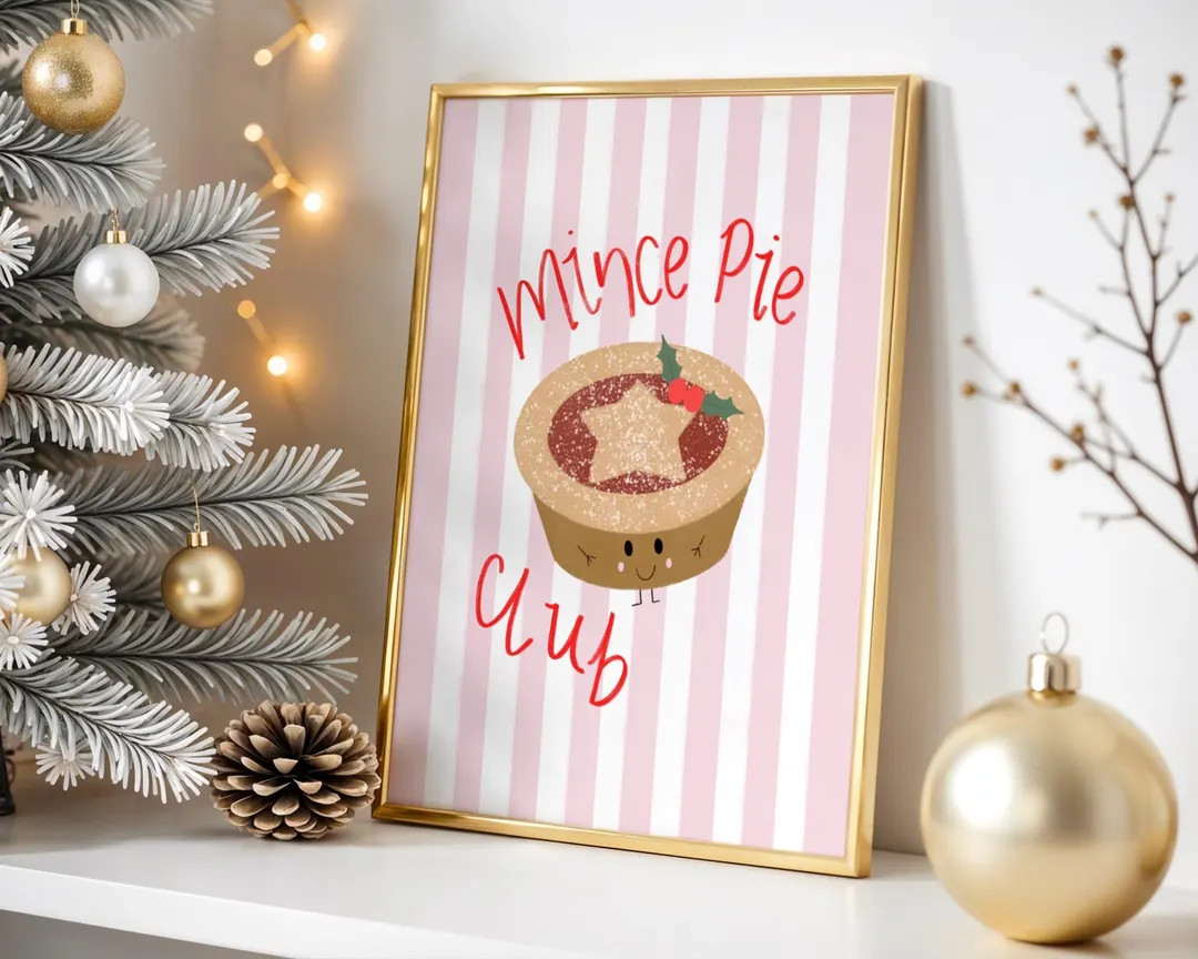 Kids Christmas Art Print, Cute Mince Pie Club Wall Art, Pink Striped Nursery Print, Festive Kids ... | Etsy (US)