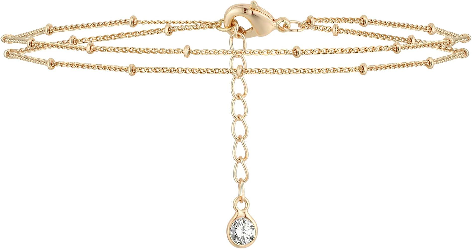 MEVECCO Gold Tiny Pearl Bracelet,14K Gold Plated Cute Beaded Freshwater Cultured Pearls Tiny Charm D | Amazon (US)