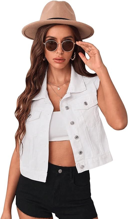 Floerns Women's Flap Pocket Button Front Sleeveless Collar Neck Denim Vest Jacket | Amazon (US)