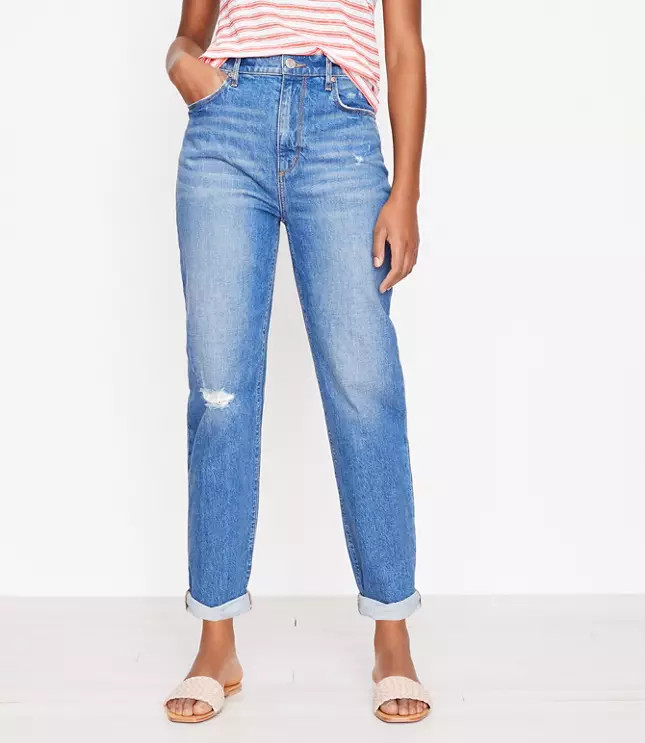 Petite Destructed High Rise Boyfriend Jeans in Dark Indigo Wash | LOFT