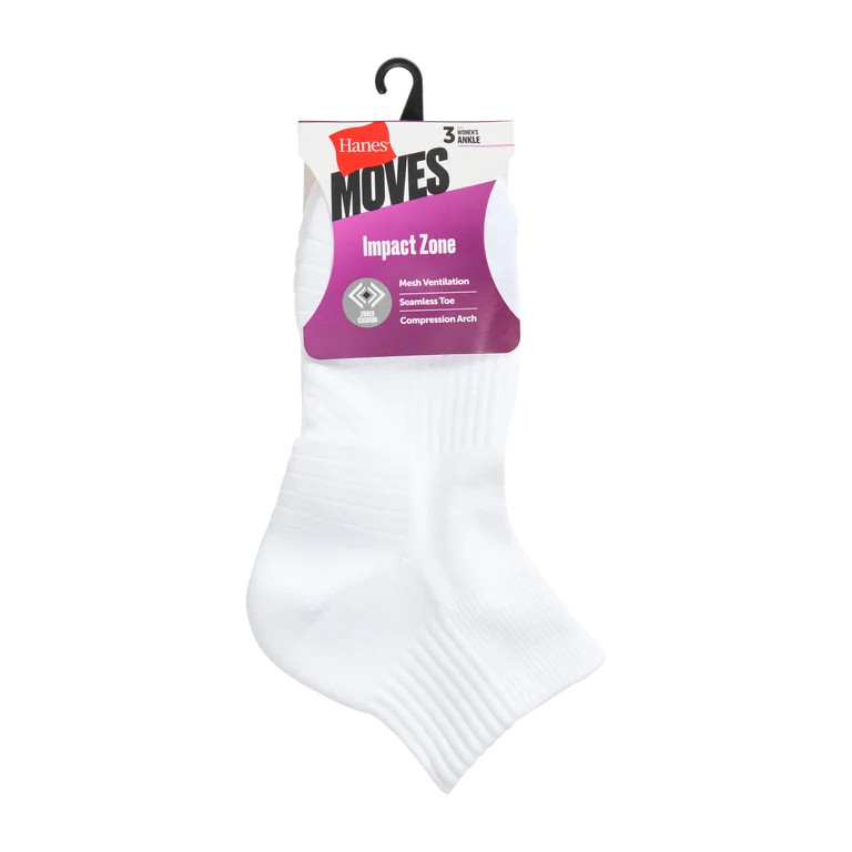 Hanes Womens Ankle Socks, 3 Pairs, Moves Impact Zone Athletic Socks for Women | Walmart (US)