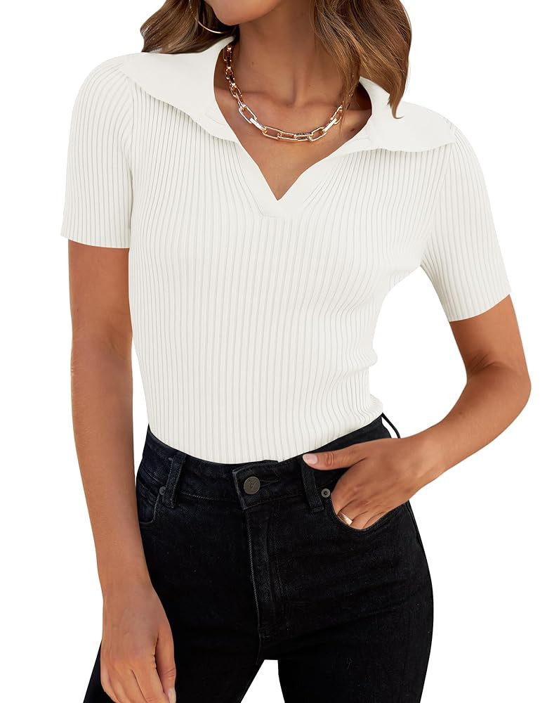 ZESICA Women's Short Sleeve V Neck T Shirts 2025 Summer Ribbed Knit Slim Fitted Basic Solid Color... | Amazon (US)