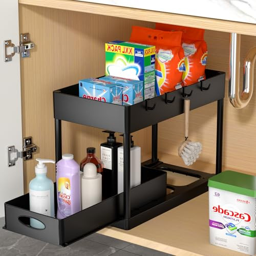 PUILUO Under Sliding Cabinet Basket Organizer, 2 Tier Under Sink Organizers Black Under Sink Storage for Bathroom Kitchen | Amazon (US)