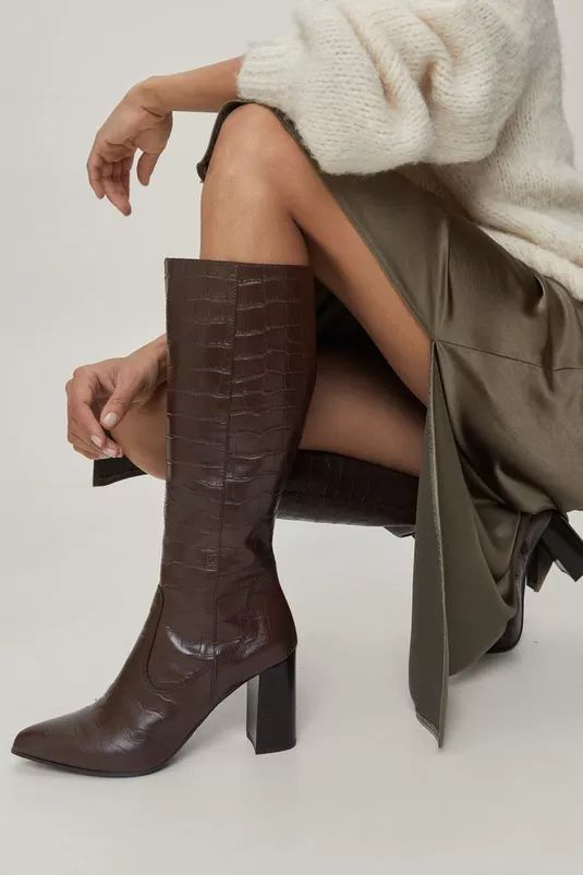 Real Leather Croc Embossed Knee High Boots | Nasty Gal (US)