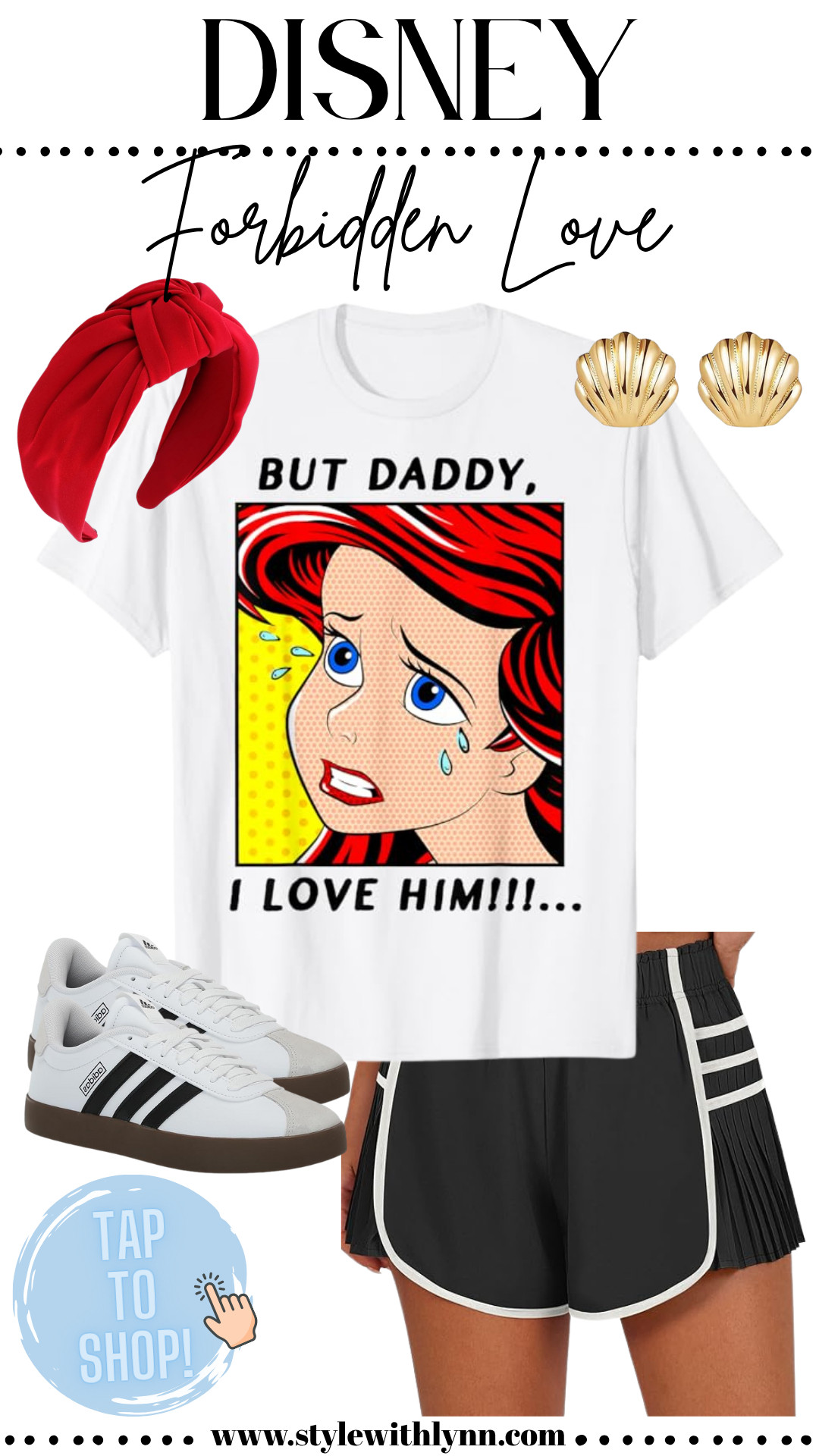 Channel your inner Ariel with this fun and flirty Little Mermaid Forbidden Love look!  Featuring a bold graphic tee that says “But Daddy, I Love Him!”, this outfit perfectly captures the spirit of every Disney fan who’s not afraid to follow her heart. Styled with comfy black sporty shorts, classic Adidas sneakers for park-hopping, a red knotted headband for that mermaid hair moment, and seashell stud earrings for a subtle under-the-sea vibe.

💫 Perfect for: Disney park days, casual summer outings, or cozy movie marathons at home!

👉 Tap to shop this Ariel-inspired outfit and make your next Disney day unforgettable!

#DisneyOutfitInspo #LittleMermaidStyle #ArielInspired #DisneyParkOutfit #LTKunder50 #DisneyFashion #DisneyBound #LTKshoecrush #LTKtravel #LTKsummer

 

 