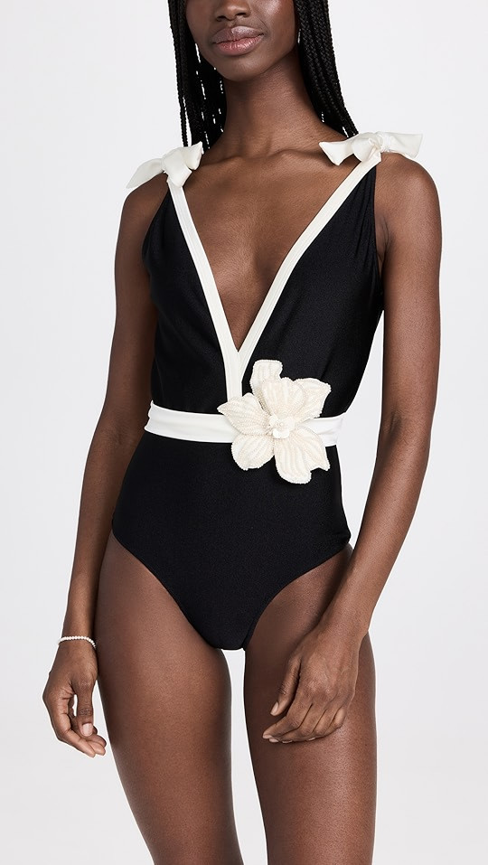 Beaded Flower Plunge One Piece Swimsuit | Shopbop