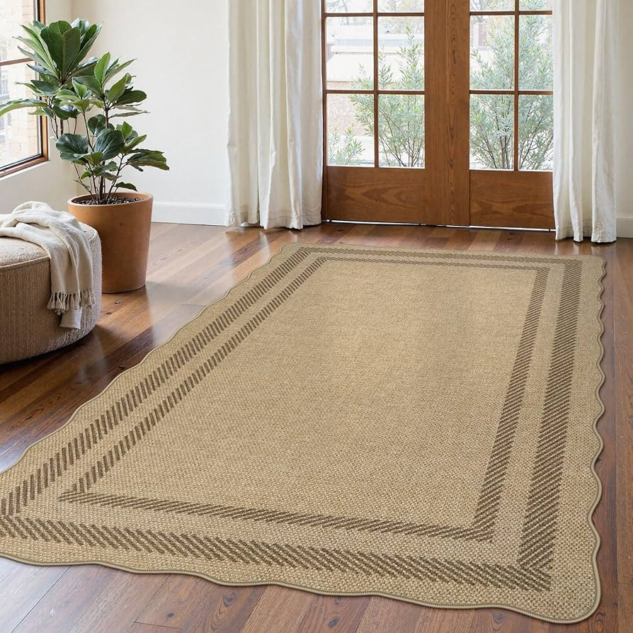 LIVEBOX Scalloped Washable 5x7 Rug, Easy Jute Tan Rugs for Living Room, Indoor Geometric Rug for ... | Amazon (US)