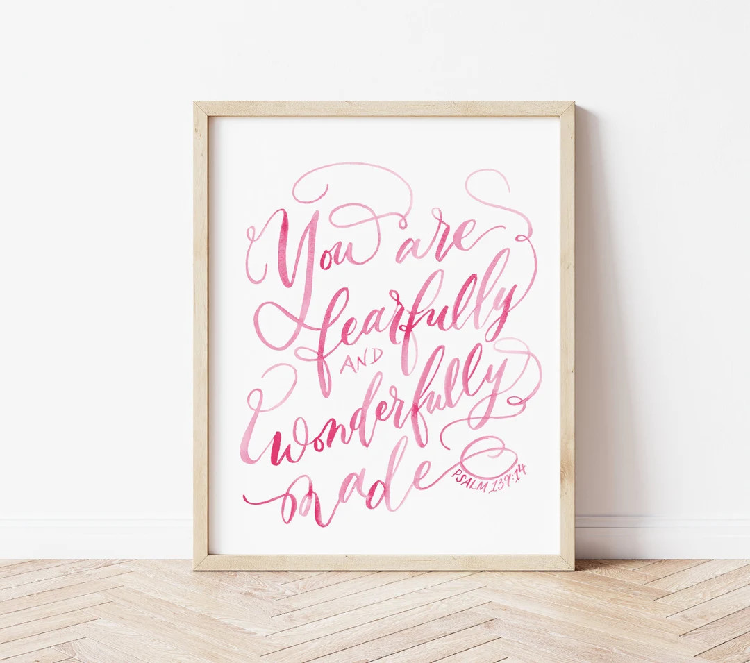 Pink Nursery Fearfully and Wonderfully Made Watercolor Wall Art, Psalm 139:14, Pink Nursery Wall ... | Etsy (US)