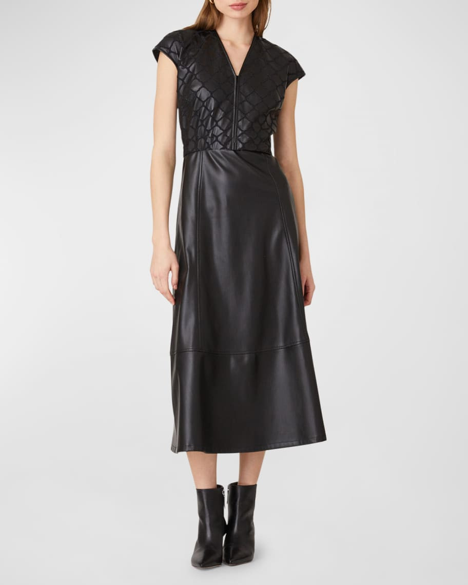 Belted Cap-Sleeve Faux Leather Midi Dress | Neiman Marcus