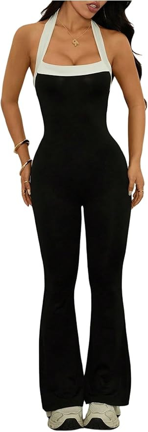 Milumia Women's Colorblock Halter Jumpsuit Sleeveless Skinny Bell Bottom Pants Romper | Amazon (US)
