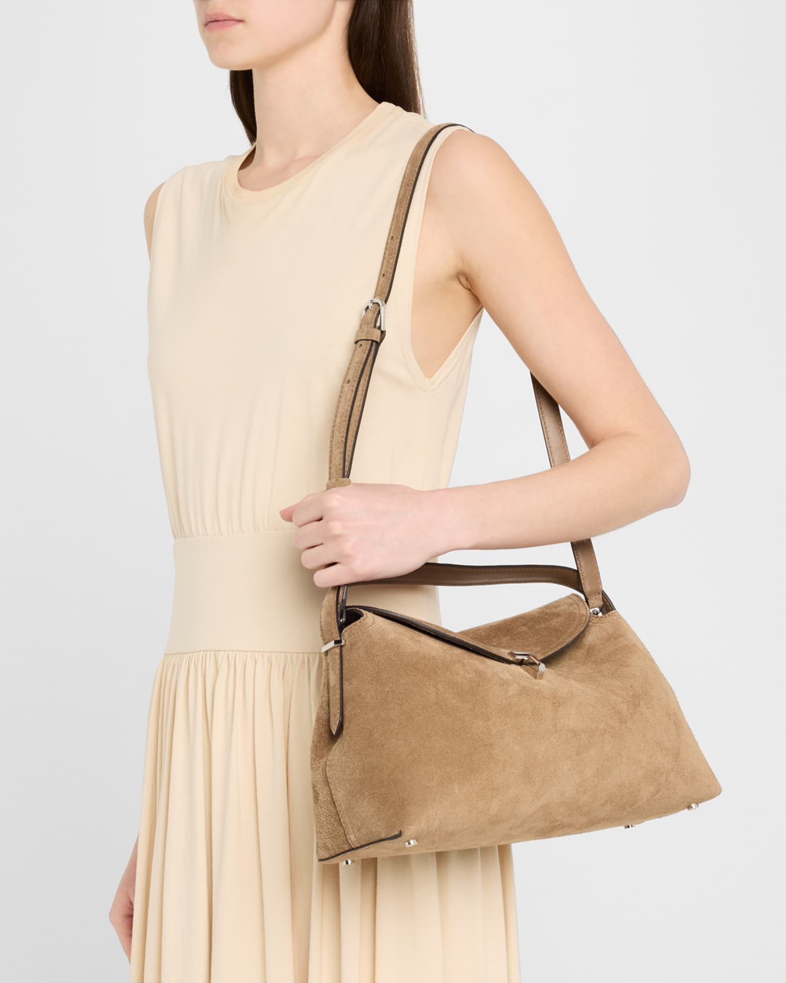 T Lock Suede Top-Handle Bag | Neiman Marcus