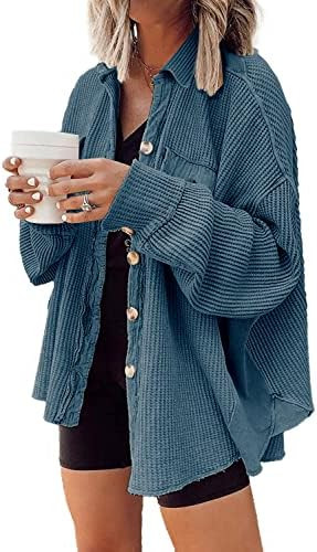 Nirovien Womens Waffle Knit Shirt Jacket Oversized Button Down Shacket Batwing Sleeve Tops | Amazon (US)
