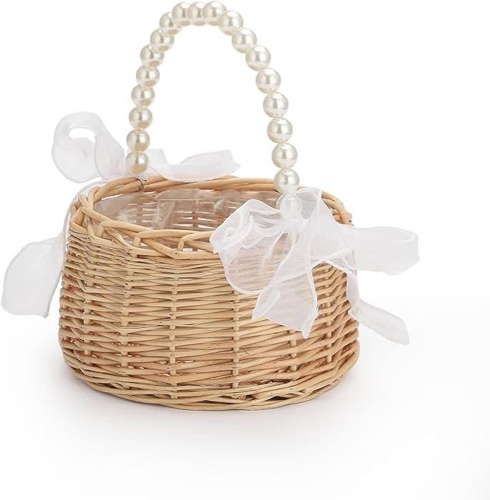 Elegant Wedding Flower Girl Basket with Pearl Handle and Ribbon Bow, Bowknot Satin Flower Basket ... | Amazon (US)