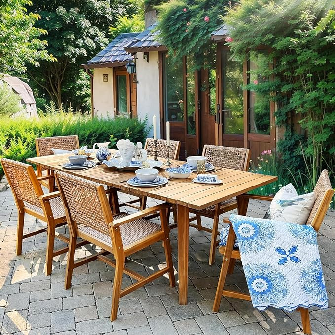 PHI VILLA 7 Pieces Acacia Wood Outdoor Dining Set for 6, Teak Large Wooden Table & Chairs with Wi... | Amazon (US)